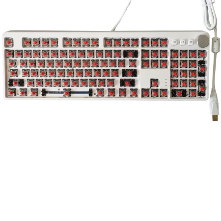 White USB keyboard with red MX switches, no keycaps